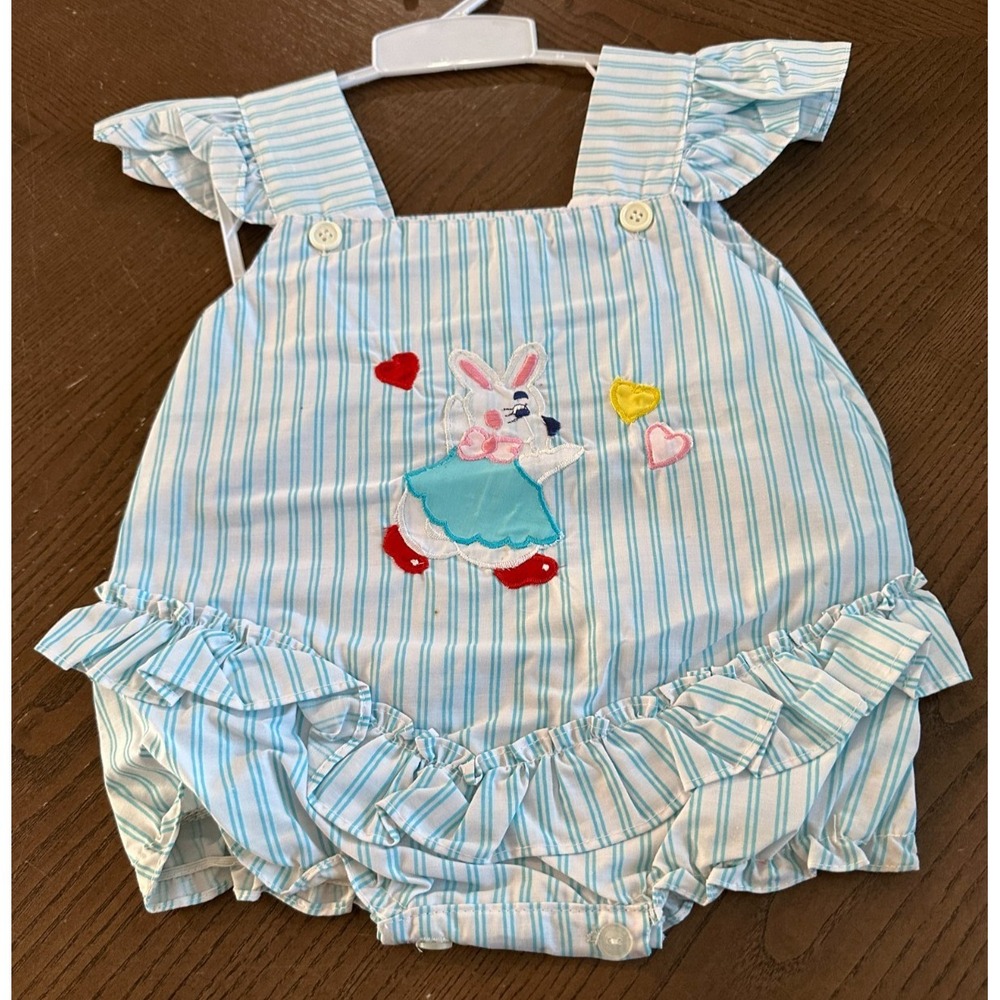 Kahana Bunny Blue‎ Striped Bubble Romper 12 Months Stripes With Ruffles Vtg